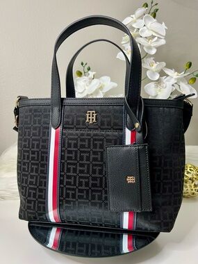 Tommy Hilfiger Black Tote with Signature Monogram and Tricolor Stripe